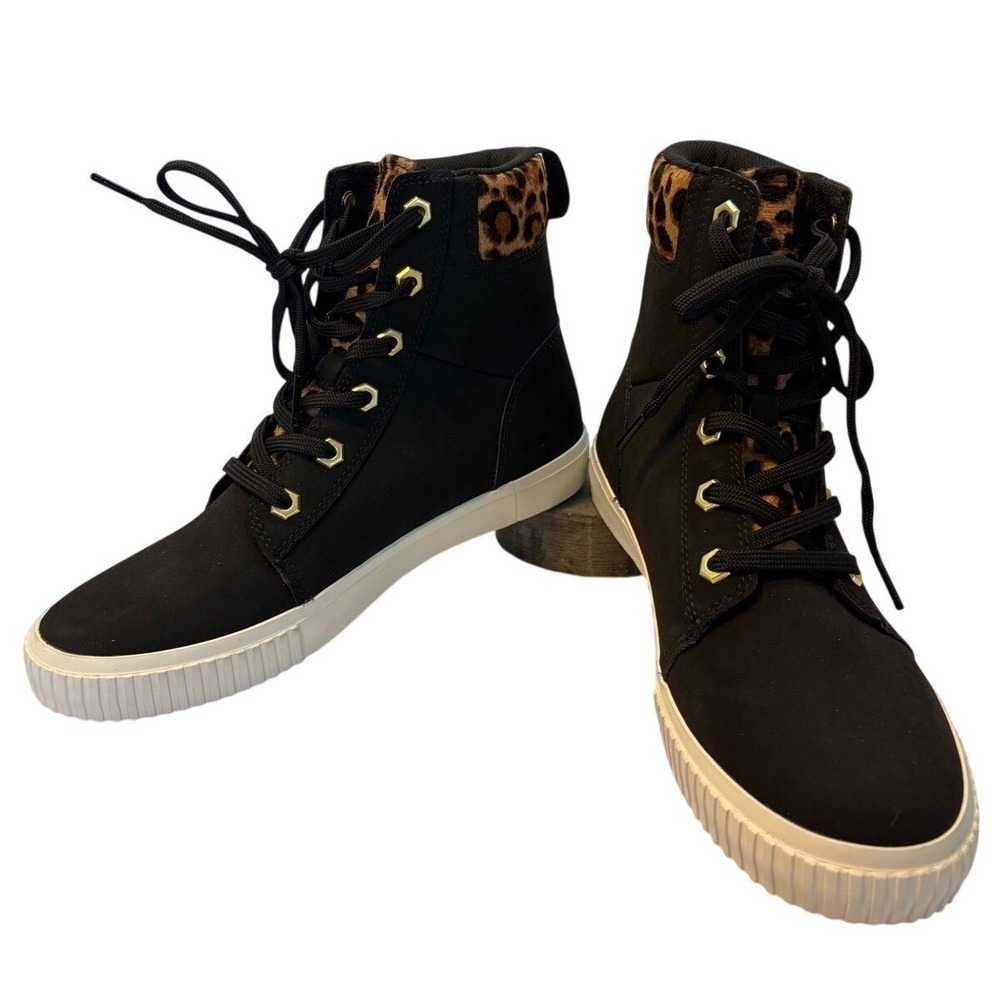 Timberland Skyla Bay Black Nubuck Leopard Print High Top Sneaker Boots Womens 7